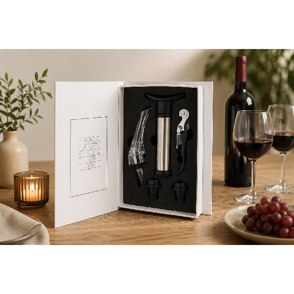 מארז יין יוקרתי עם אביזרי יין באריזת ספר